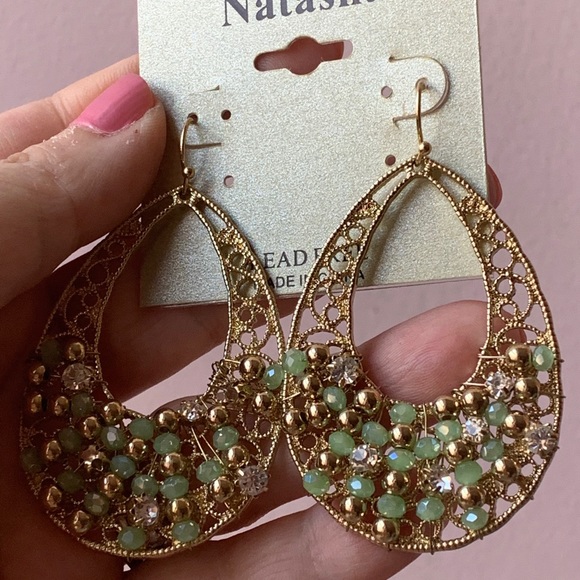 Large Filigree Drop Earrings Peridot color beads - Picture 2 of 8